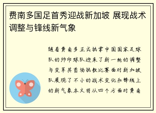费南多国足首秀迎战新加坡 展现战术调整与锋线新气象 费南多国足首秀迎战新加坡 展现战术调整与锋线新气象