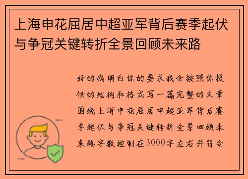 上海申花屈居中超亚军背后赛季起伏与争冠关键转折全景回顾未来路 上海申花屈居中超亚军背后赛季起伏与争冠关键转折全景回顾未来路