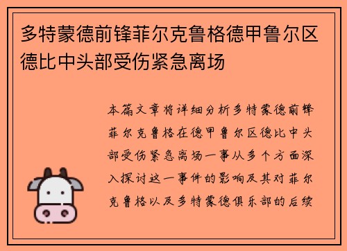 多特蒙德前锋菲尔克鲁格德甲鲁尔区德比中头部受伤紧急离场