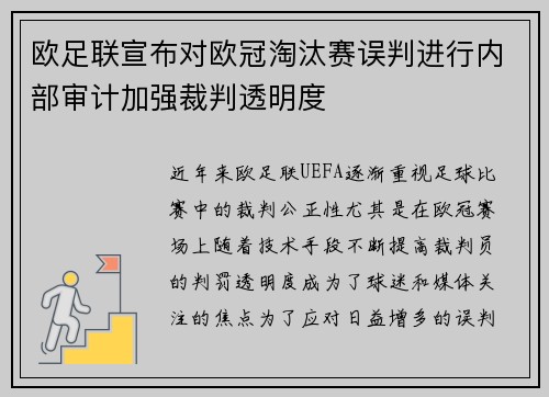 欧足联宣布对欧冠淘汰赛误判进行内部审计加强裁判透明度