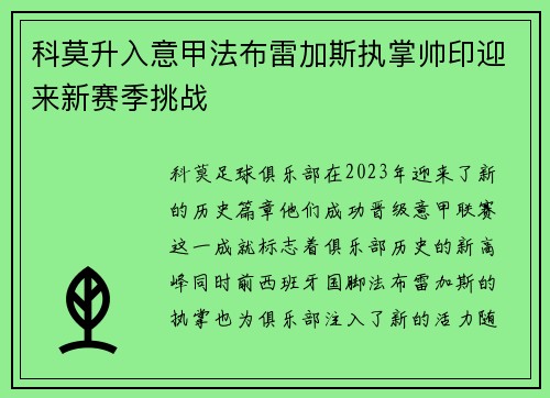 科莫升入意甲法布雷加斯执掌帅印迎来新赛季挑战